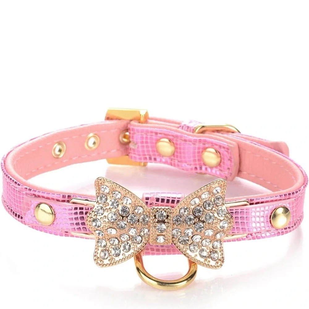 Pink Fashion XSmall Dog Collar with Ring for Tags Gold Bling Diamond Glitter